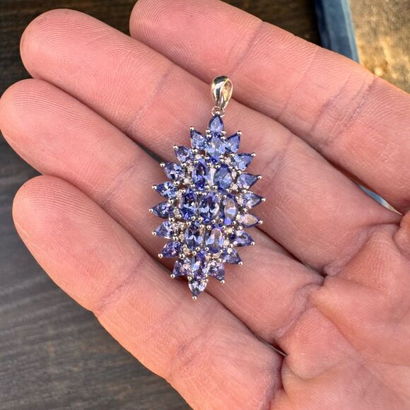 VINTAGE TANZANITE & DIAMOND Cluster Pendant Sterling Silver 925 Starburst Flower - Picture 14 of 16